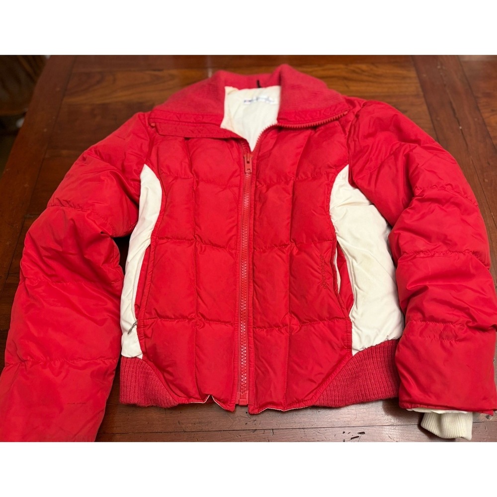 Vintage 70s 80s Obermeyer Puffer Ski Jacket Red White Heart Logo Down Bomber Med
